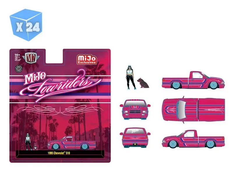 Pre-Order - 24 Pack 1995 Chevrolet S10 Lowriders W/ Girl & Pitbull Dog Figures – Pink Diecast 1:64 Scale Model - M2 Machines 67500-Mjs05 1
