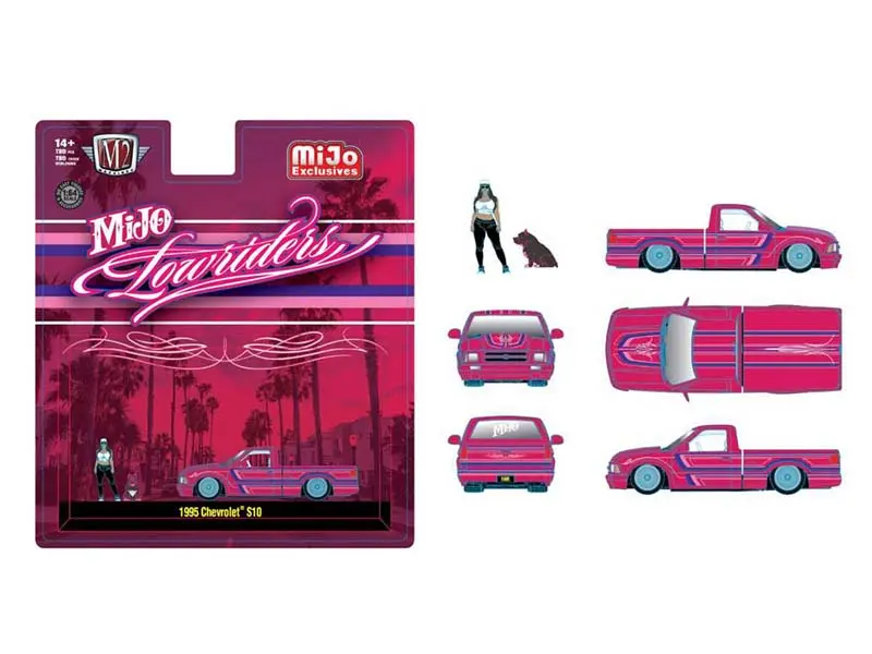 Pre-Order 1995 Chevrolet S10 Lowriders W/ Girl & Pitbull Dog Figures – Pink Diecast 1:64 Scale Model - M2 Machines 67500-Mjs05 1