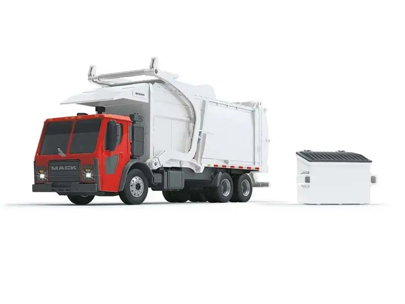 Mack Lr W/ Mcneilus Meridian Front Load Refuse Truck & Bin W/ Lights And Sounds Plastic 1:25 Scale Model - First Gear 70-0624 1