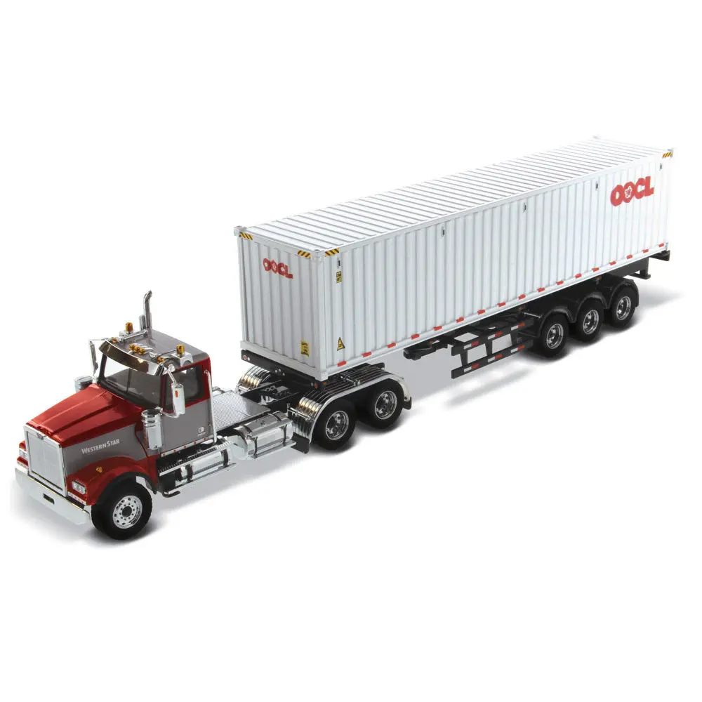 Western Star 4900 Sffa Day Cab W/ 40' Dry Goods Sea Container - Red & Gray Oocl White (Transport Series) 1:50 Scale Model - Diecast Masters 71064 1