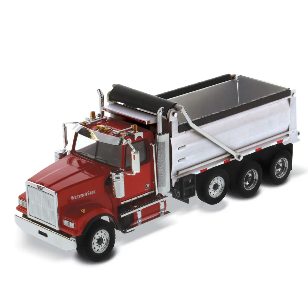 Western Star 4900 Sffa W/ Lift Axle Silver Plated Dump Red (Transport Series) 1:50 Scale Model - Diecast Masters 71067 1
