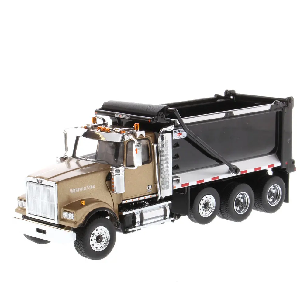 Western Star 4900 Sf Tandem W/ Pusher Axle Detroit Diesel Engine + Ox Bodies Stampede Dump (Transport Series) 1:50 Scale Model - Diecast Masters 71080 1