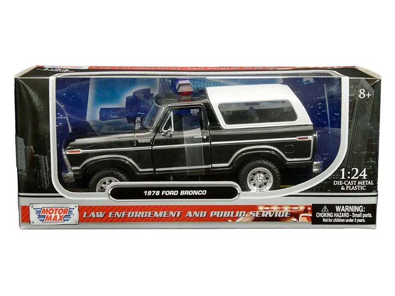 1978 Ford Bronco Custom W/ Lightbar - Black W/ White Cover (Law Enforcement And Public Service) Diecast 1:24 Model Truck - Motormax 76983Bk 1