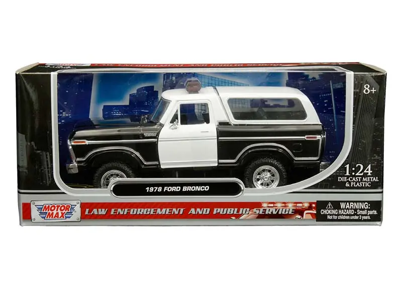 1978 Ford Bronco Custom W/ Lightbar - Black And White Two-Tone (Law Enforcement And Public Service) Diecast 1:24 Model Truck - Motormax 76983Bkwh 1