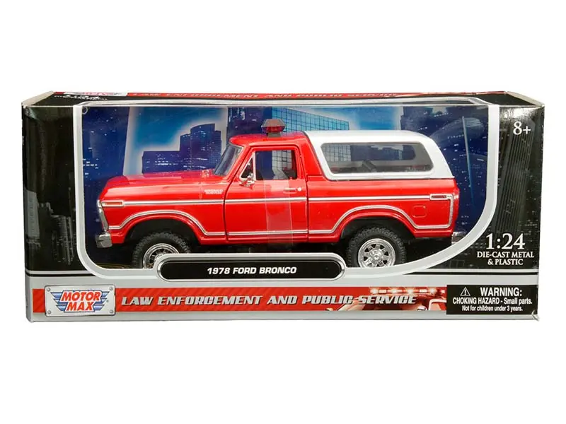 1978 Ford Bronco Custom W/ Lightbar - Red W/ White Cover (Law Enforcement And Public Service) Diecast 1:24 Model Truck - Motormax 76983Rd 1