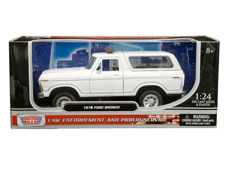 1978 Ford Bronco Custom W/ Lightbar - White (Law Enforcement And Public Service) Diecast 1:24 Model Truck - Motormax 76983Wh 1