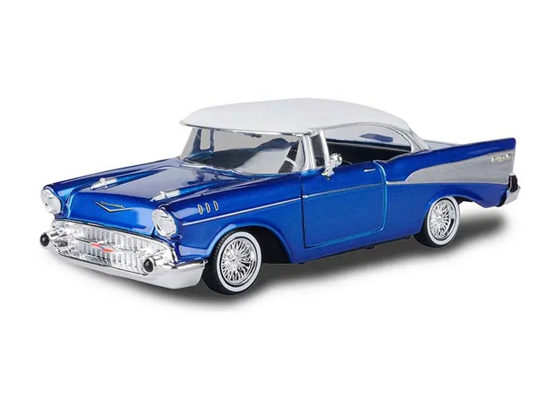 1957 Chevrolet Bel Air Lowrider Blue W/ White Top (Get Low) Diecast 1:24 Scale Model - Motormax 79030Bl 1