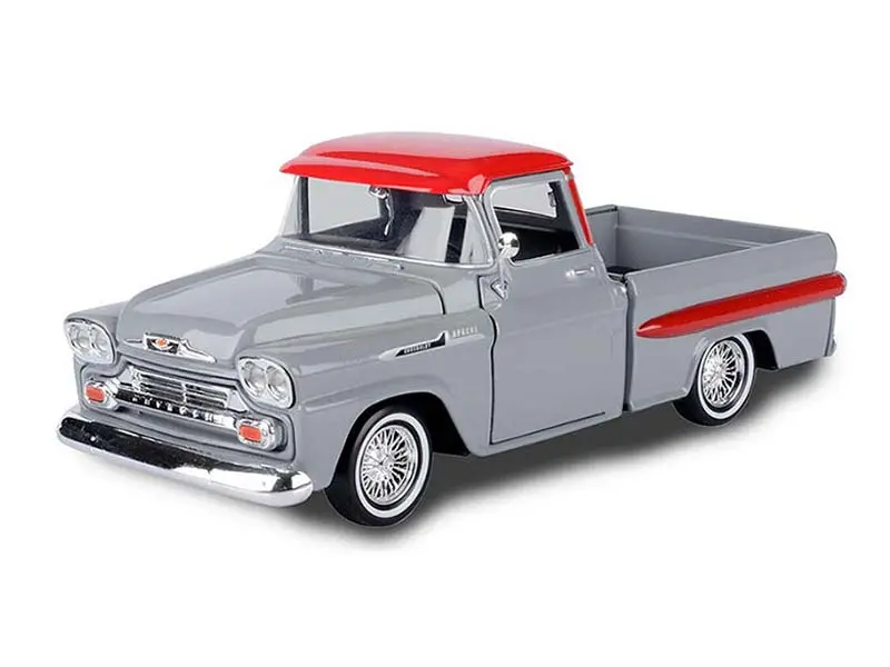 1958 Chevrolet Apache Fleetside Pick Up Grey W/ Red Top Lowrider (Get Low) Diecast 1:24 Scale Model - Motormax 79033Gry 1