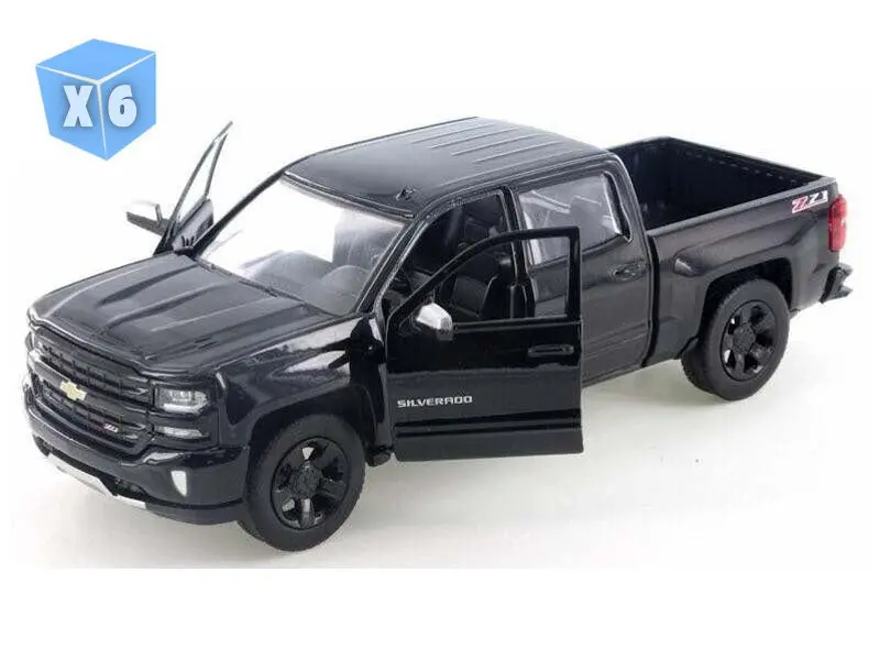6 Pack 2017 Chevrolet Silverado 1500 Lt Z71 Crew Cab - Black Diecast 1:24 Scale Model - Motormax 79348Bk 1