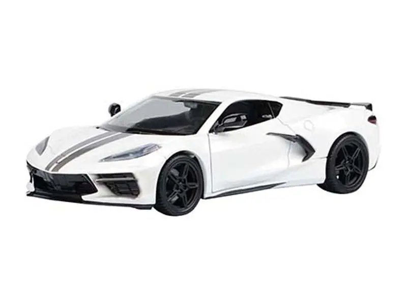 2020 Chevrolet Corvette C8 Stingray - White W/ Gray Stripes (Timeless Legends) Diecast 1:24 Scale Model - Motormax 79360Wh 1