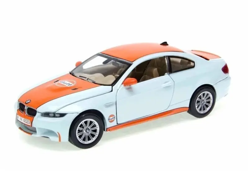 Bmw M3 Coupe W/ Gulf Livery Light Blue W/ Orange Stripe Diecast 1:24 Scale Model - Motormax 79644 1