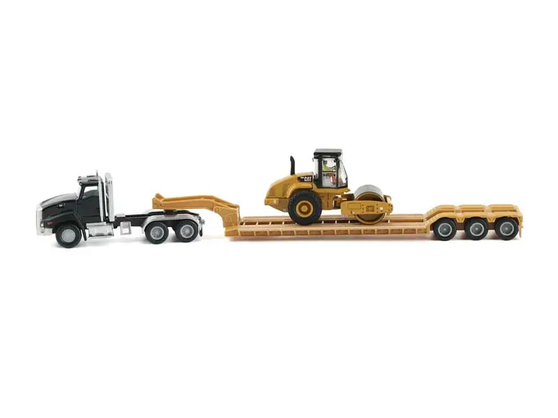 Black Kenworth T880 Tractor W/ Lowboy Trailer And Cat Roller Diecast 1:87 Ho Scale Model - Diecast Masters 84425 1