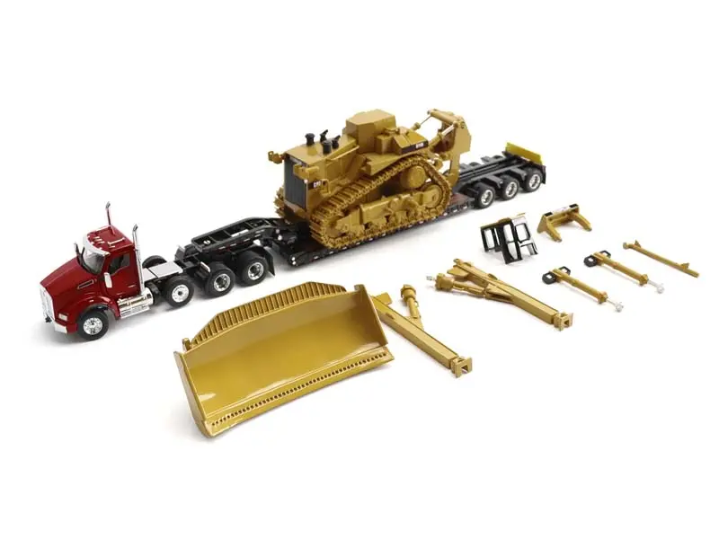 Kenworth T880 Day Cab Tandem And Trail King Tk120 Lowboy W/ Cat D11r Dozer Components Load Diecast 1:50 Scale Model - Diecast Masters 85787 1
