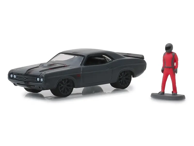 1971 Dodge Challenger Shakedown Tribute Metallic Gray W/ Race Car Driver Figure (The Hobby Shop Series 6) Diecast 1:64 Scale Model - Greenlight 97060D 1