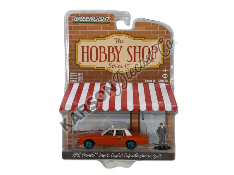 Chase 1981 Chevrolet Impala Capitol Cab Taxi W/ Man In Suit (The Hobby Shop Series 15) Diecast 1:64 Scale Model - Greenlight 97150B 1