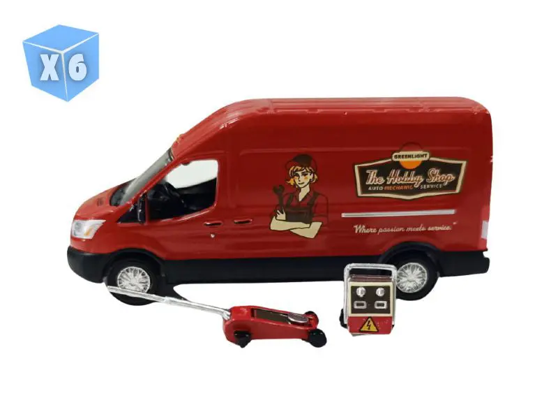 Pre-Order - 6 Pack 2019 Ford Transit Lwb High Roof – Mobile Mechanic W/ Car Jack And Battery (The Hobby Shop Series 17) Diecast 1:64 Scale Model - Greenlight 97170E 1