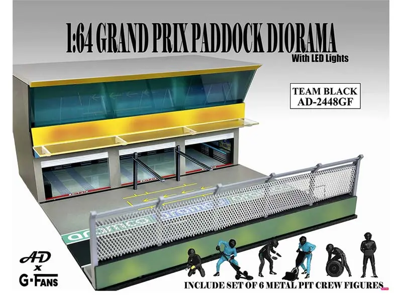 Pre-Order Figures Set Grand Prix Paddock Diorama W/ L.E.D. – Team Black Diecast 1:64 Scale Model - American Diorama Ad2448 1