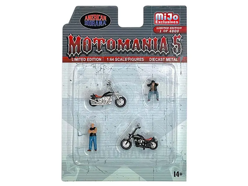 Motomania 5 W/ Chopper Bikes Figure Set (Mijo Exclusives) Diecast 1:64 Scale Model - American Diorama Ad76512 1