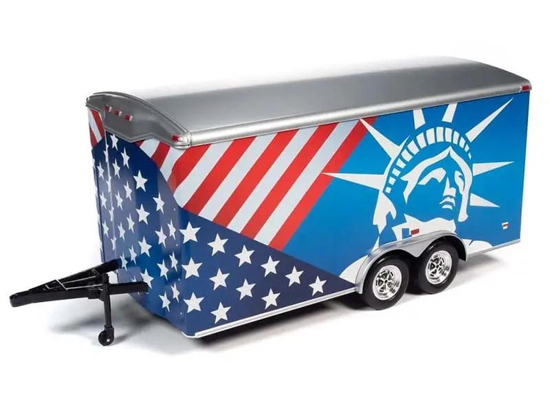 Patriotic Four Wheel Enclosed Trailer Diecast 1:18 Scale Model - Auto World Amm1284 1
