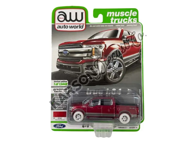 Chase 2019 Ford F-150 Lariat 4X4 Pickup Truck - Ruby Red Metallic (Muscle Trucks) Diecast 1:64 Scale Model - Autoworld Aw64322a 1