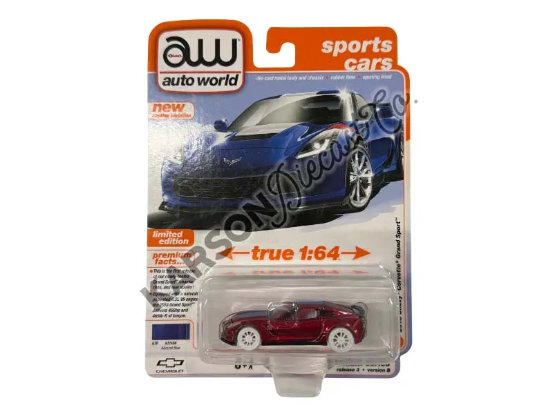 Ultra Red Chase 2018 Chevy Corvette Grand Sport - Admiral Blue Diecast 1:64 Scale Model - Auto World Awsp176b 1