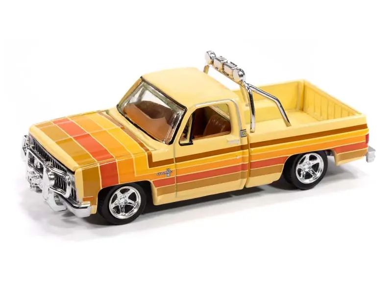 1981 Chevrolet Silverado Fleetside Lowered - Custom Cream W/ 5 Color Stripe Graphics Diecast 1:64 Scale Model - Auto World Awsp191 1