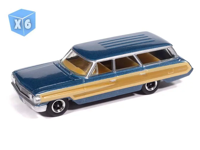 6 Pack 1964 Ford Country Squire - Guardsman Blue W/ Honey-Colored Wood Trim Diecast 1:64 Scale Model - Auto World Awsp205a 1