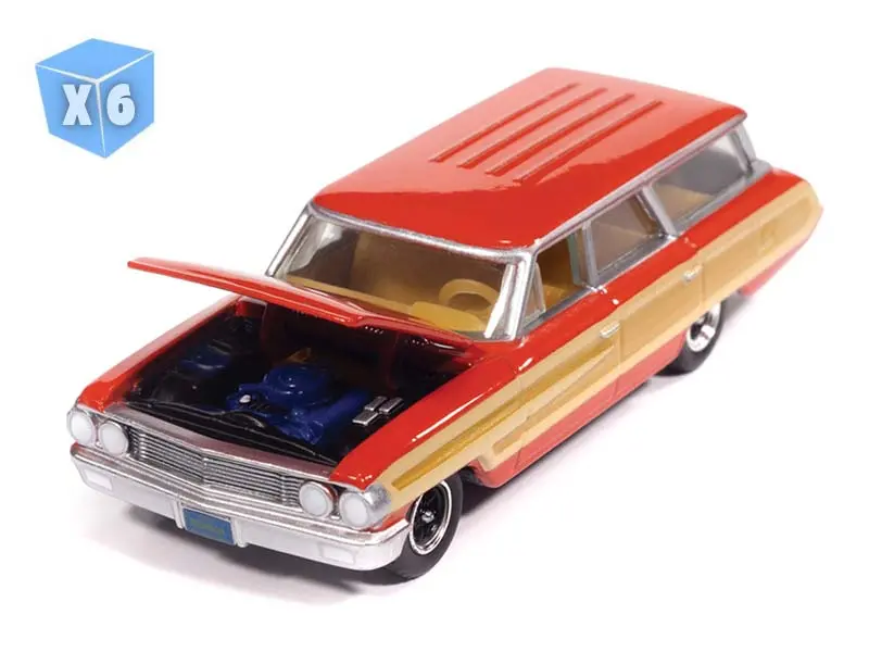 6 Pack 1964 Ford Country Squire - Poppy Red W/ Honey-Colored Wood Trim Diecast 1:64 Scale Model - Auto World Awsp205b 1