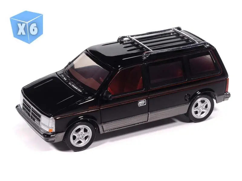 6 Pack 1989 Dodge Caravan Turbo - Black W/ Dark Quartz Gray Lower And Red Pin Stripe Diecast 1:64 Scale Model - Auto World Awsp206b 1