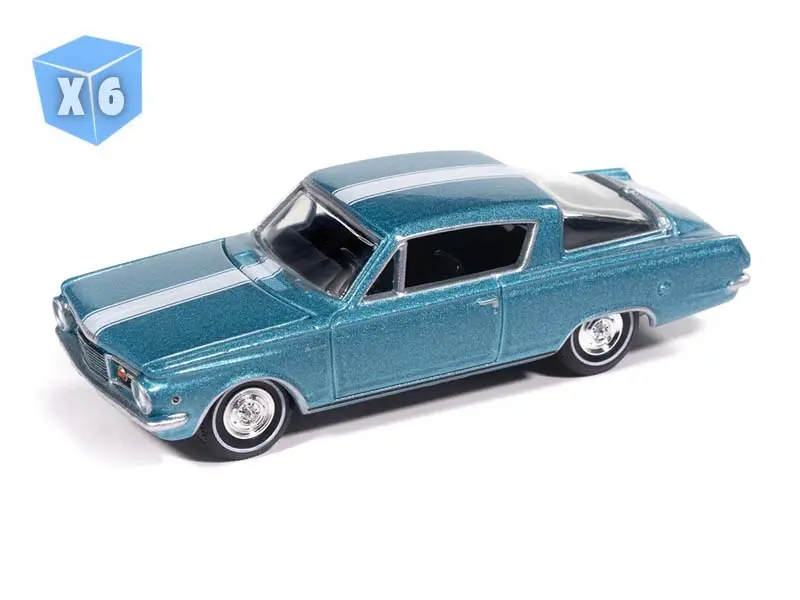 6 Pack 1965 Plymouth Barracuda Formula S - Medium Turquoise Poly W/ White Stripe Diecast 1:64 Scale Model - Auto World Awsp207a 1