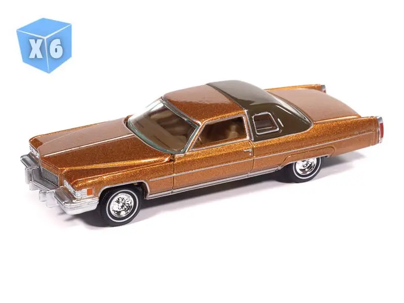6 Pack 1976 Cadillac Coupe De Ville - Amberlite Firemist Poly Diecast 1:64 Scale Model - Auto World Awsp210a 1