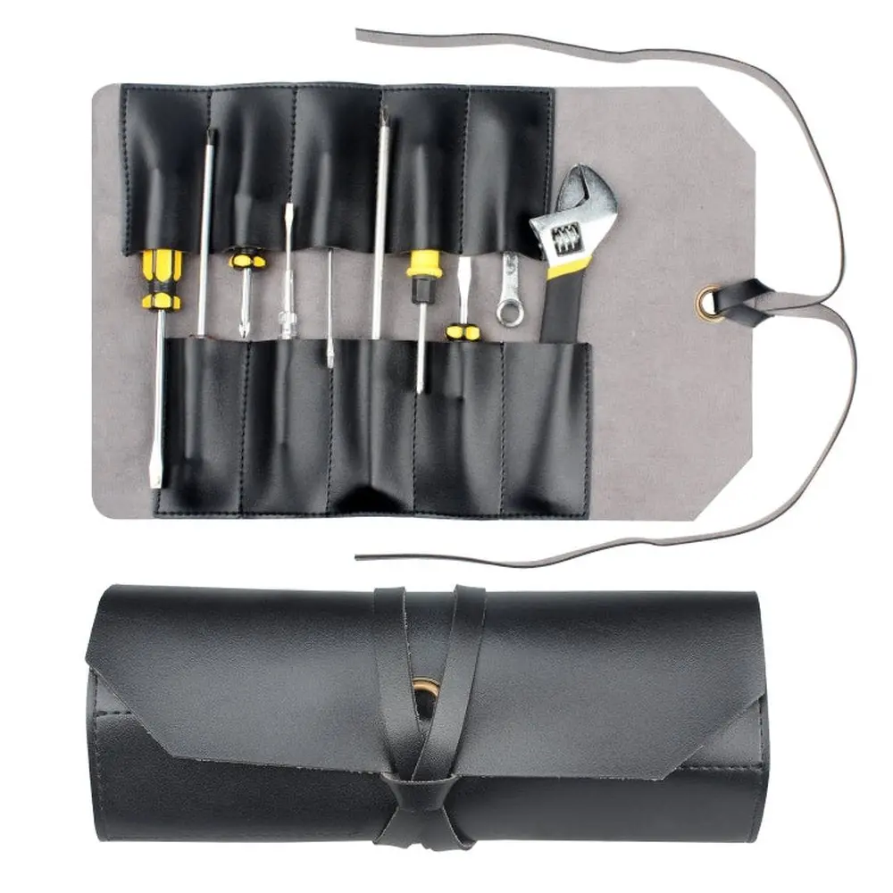 Cl97 Multi-Function Toolkit Bundled Leather Tool Bag Double Thickened Two-Purpose Wrench Bag, Black, Brown 1