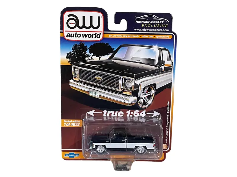 1973 Chevy Cheyenne Pickup Truck - Black And White (Midwest Diecast) Diecast 1:64 Scale Model - Auto World Cp7931 1