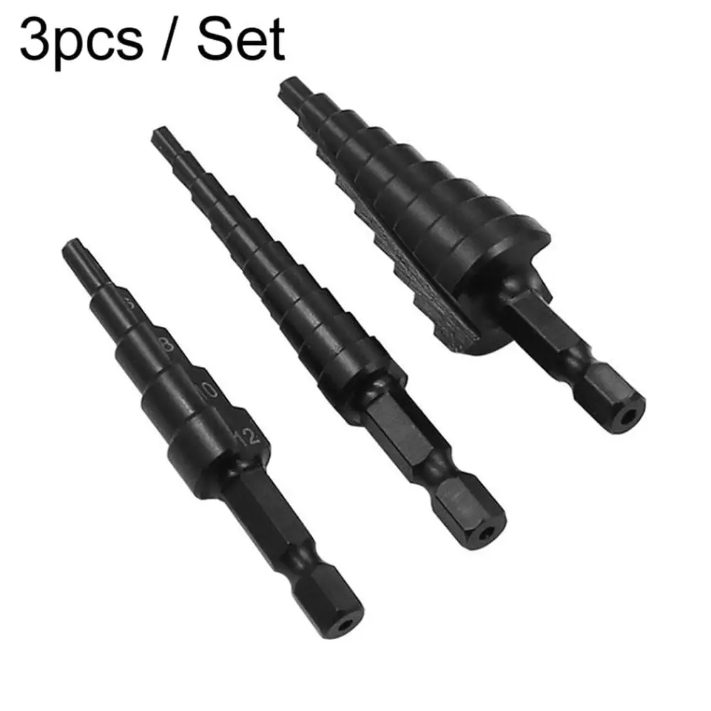 Hexagonal Shank Nitrided Straight Fluted Step Drill Hss Pagoda Drill Hole Opener, 3Pcs / Set 1