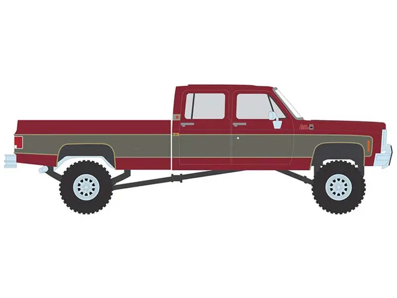 Pre-Order 1977 Gmc Sierra Grande K2500 Crew Cab Wideside - Dark Red Metallic And Silver Special Two-Tone - Lifted Diecast 1:64 Scale Model - Ixo Ia64027 1