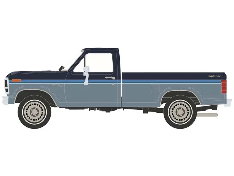 Pre-Order 1981 Ford F-150 Custom Explorer Short Bed Styleside 4X2 - Tu-Tone Midnight Blue Metallic And Medium Blue Glow Diecast 1:64 Scale Model - Ixo Ia64030 1