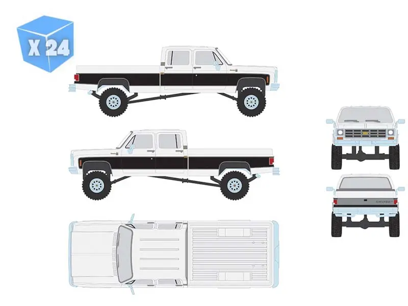 Pre-Order - 24 Pack 1978 Chevrolet Silverado K30 Crew Cab Fleetside Lifted - White W/ Black Two Tone Diecast 1:64 Scale Model - Ixo America Iapr1012 1