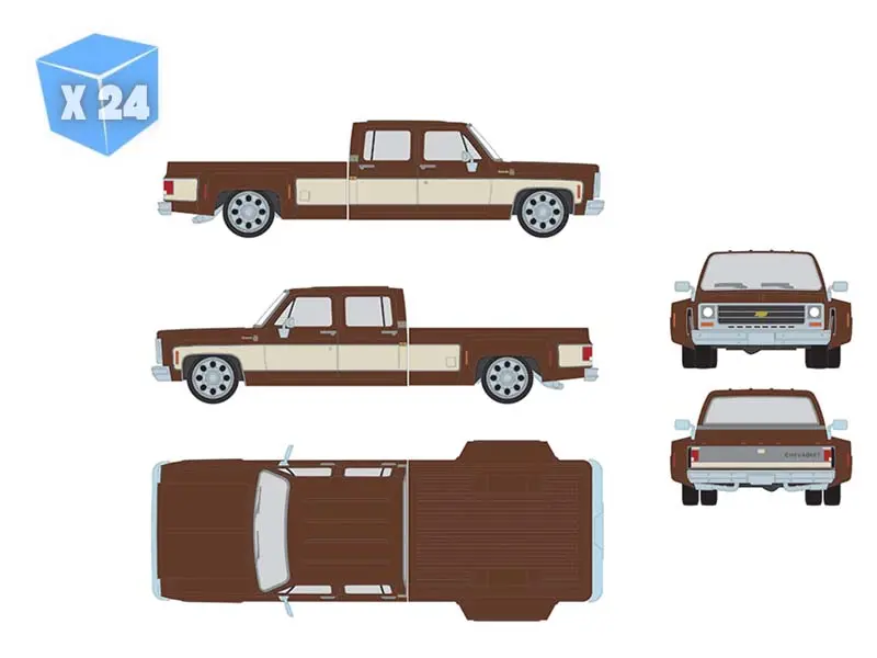 Pre-Order - 24 Pack 1979 Chevrolet Silverado C30 Crew Cab Dually Lowered – Cordova Brown And Santa Fe Tan Diecast 1:64 Scale Model - Ixo America Iapr1014 1