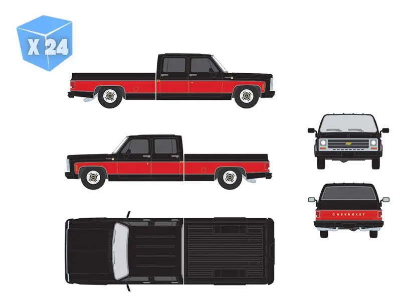 Pre-Order - 24 Pack 1979 Chevrolet Scottsdale C20 Crew Cab – Black W/ Red Two Tone Diecast 1:64 Scale Model - Ixo America Iapr1015 1