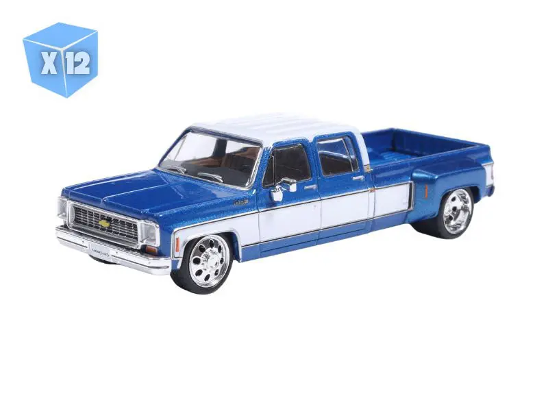 Pre-Order - 12 Pack 1974 Chevrolet Custom C30 Crew Cab Dually Lowered Deluxe Two-Tone Catalina Blue Metallic & Frost White Diecast 1:64 Scale Model - Karson Diecast Iapr1022 1