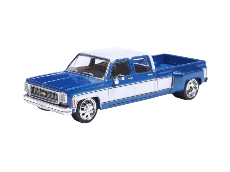 Pre-Order 1974 Chevrolet Custom C30 Crew Cab Dually Lowered Deluxe Two-Tone Catalina Blue Metallic & Frost White Diecast 1:64 Scale Model - Karson Diecast Iapr1022 1