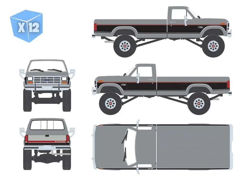 Pre-Order - 12 Pack 1985 Ford F-250 Xlt Lariat 4X4 Two-Tone Silver Metallic & Raven Black Diecast 1:64 Scale Model - Karson Diecast Co. Iapr1030 1