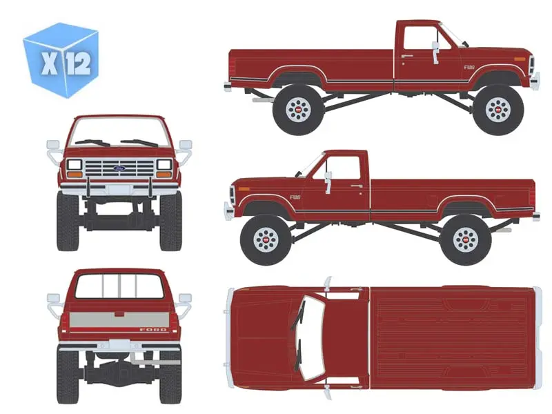 Pre-Order - 12 Pack 1985 Ford F-250 Xlt 4X4 Long Bed Dark Canyon Red Diecast 1:64 Scale Model - Karson Diecast Co. Iapr1031 1