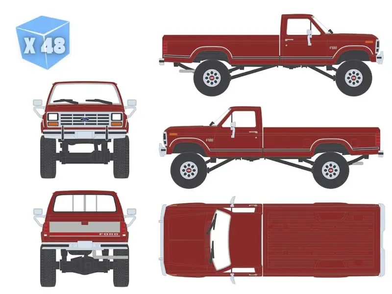 Pre-Order - 48 Pack 1985 Ford F-250 Xlt 4X4 Long Bed Dark Canyon Red Diecast 1:64 Scale Model - Karson Diecast Co. Iapr1031 1