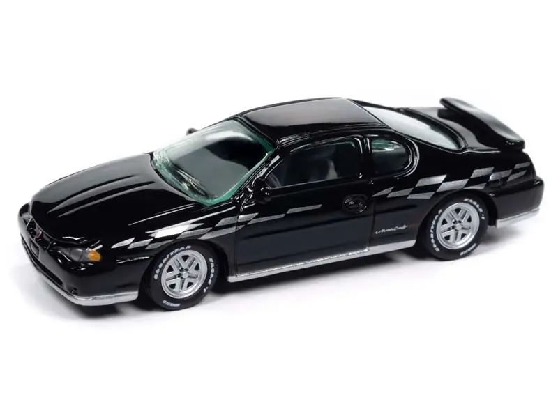 2001 Chevrolet Monte Carlo Ss - Gloss Black W/ Silver Checkered Flag Side Stripe Diecast 1:64 Scale Model - Johnny Lightning Jlcg033b 1