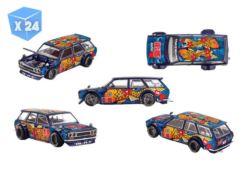 Pre-Order - 24 Pack Datsun Kaido 510 Wagon Koi Wagon V1- Blue (Kaido House X Mini Gt) Diecast 1:64 Scale Model - Tsm Khmg248 1