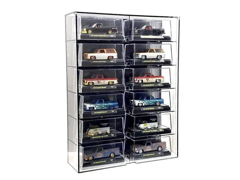 12-Car Display Case Wall Mount Plastic Black Back Version W/ Cover (10.03″ X 3.03″ X 13.62″) Diecast 1:64 Scale Models - Mijo Mj10012bk 1