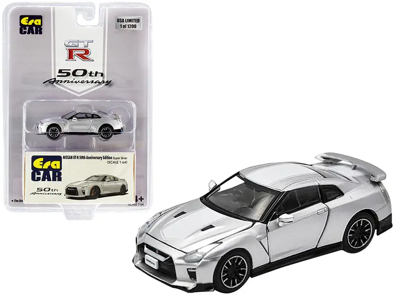 Nissan Gt-R Rhd (Right Hand Drive) Super Silver With White Stripe "50Th Anniversary Edition" Limited Edition To 1200 Pieces 1:64 Diecast Model Car - Era Car - Ns20gtrsp25b 1