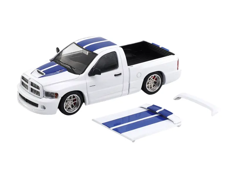 2003 Dodge Ram Srt-10 Pickup – White W/ Blue Racing Stripes (Shoom 64) Diecast 1:64 Scale Model - Gcd Shoom-103-005 1