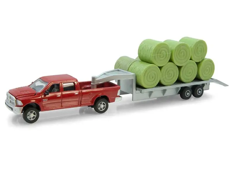 Dodge Ram Pickup Truck W/ Gooseneck Trailer & Bales Diecast 1:64 Scale Model - Ertl Zfn14855 1